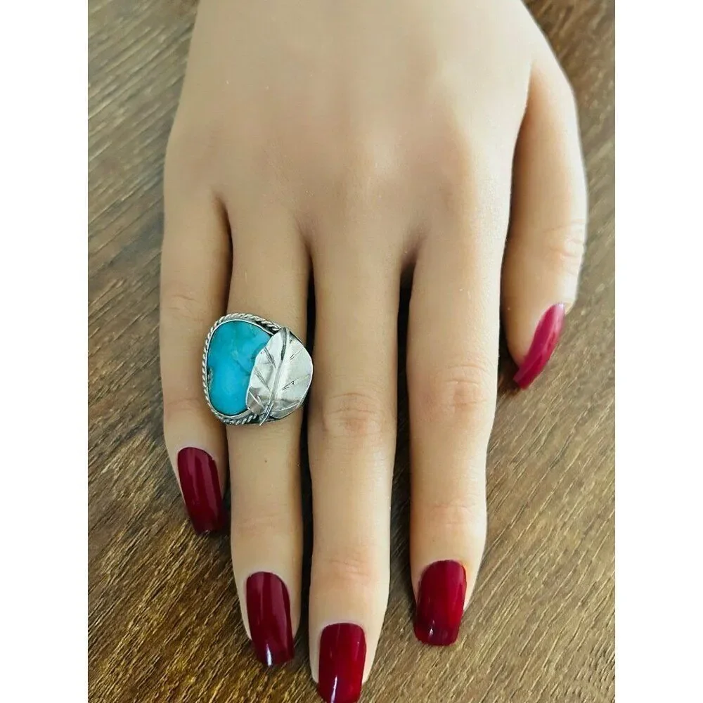 Ladies Antique Silver Turquoise Leaf Ring‎